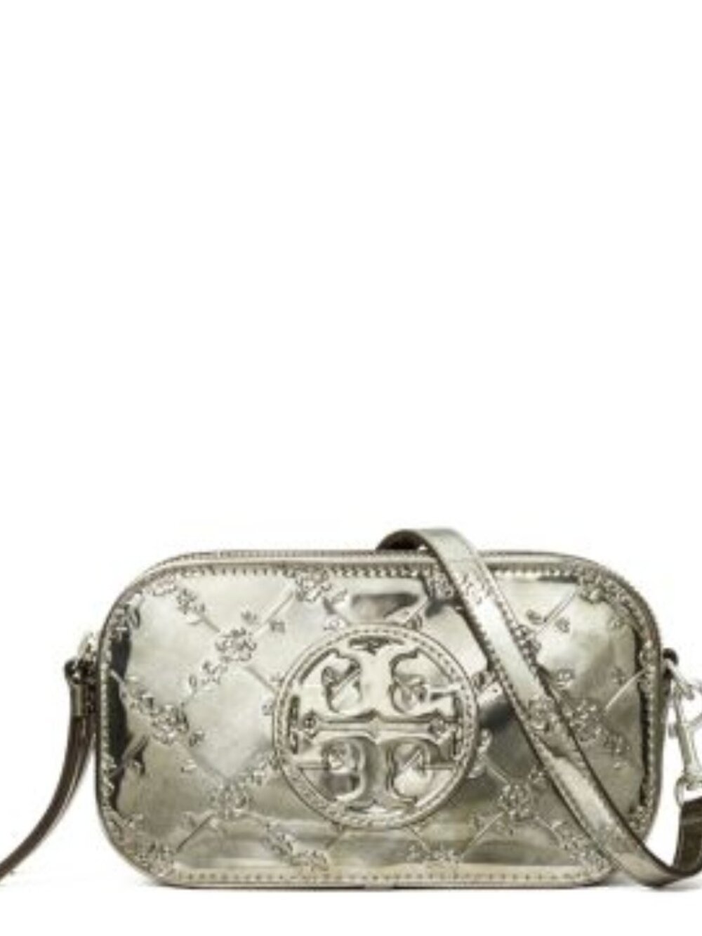 Tory Burch T Monogram Embossed Metallic Top Handle Crossbody Bag Silver